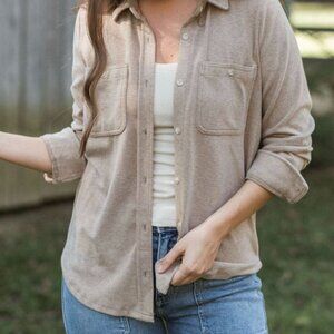 Neuflora New York Button Down Taupe Heather Relaxed Fit Minimalist Women's M